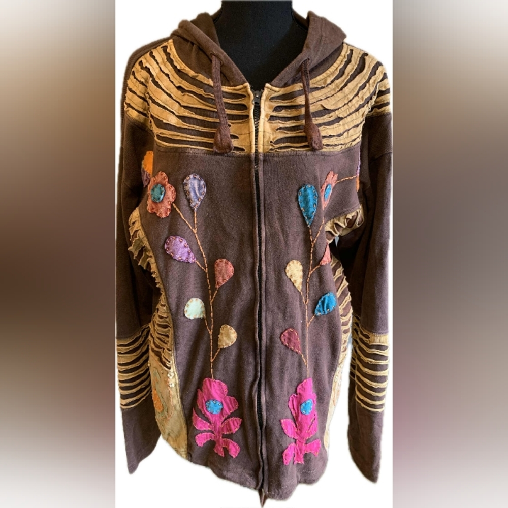Greater Good Network Brown Boho Multicolored Floral Hoodie Size XXL With Birds - Picture 1 of 11